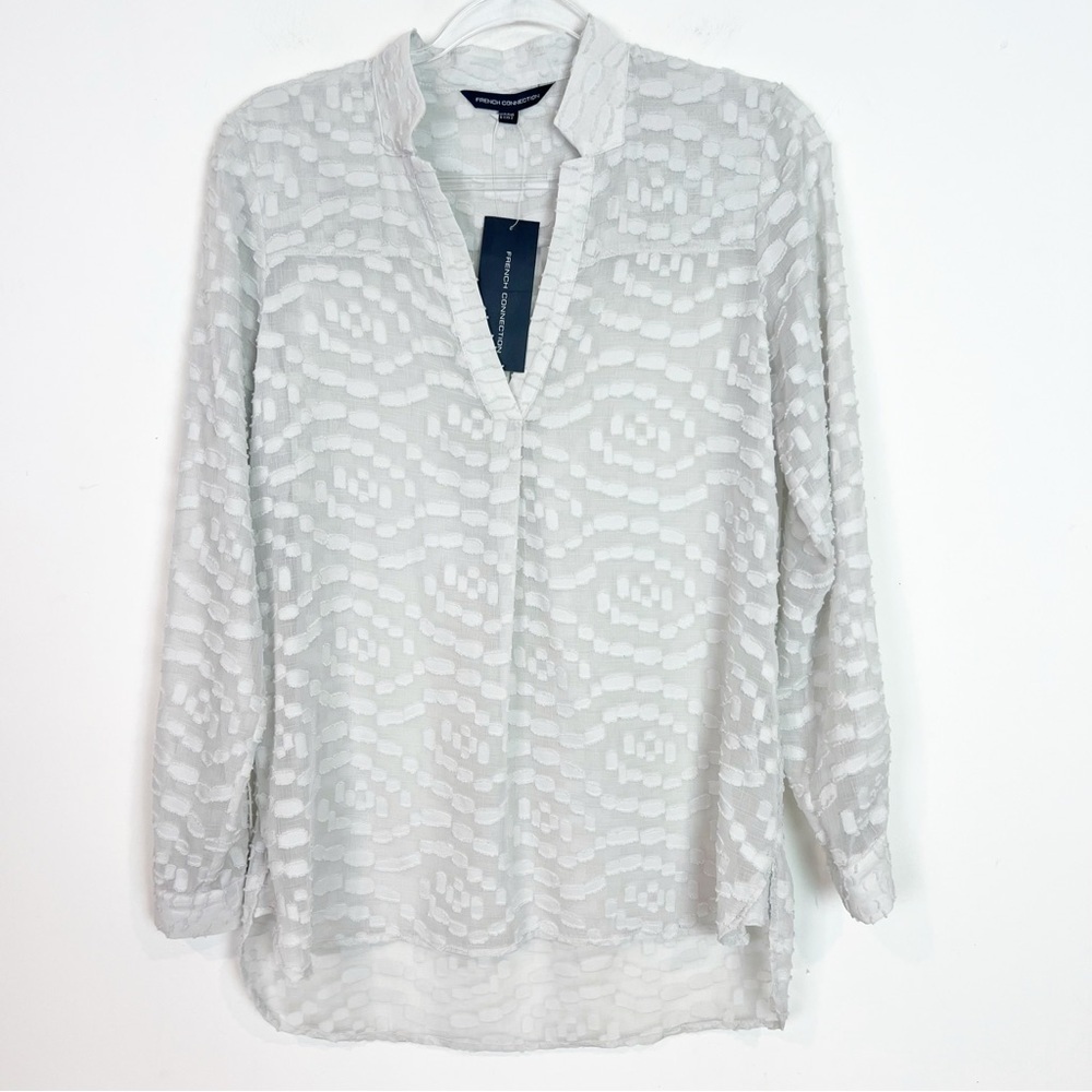 FRENCH CONNECTION GRAY RUBY SHEER LONG SLEEVE SPLIT NECK BLOUSE WOMENS SZ 2 NWT